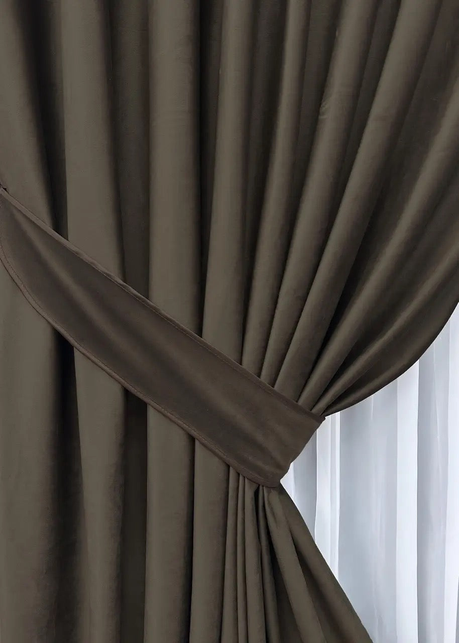 Espresso brown velvet curtains with a timeless, sophisticated design, ideal for home furnishing, bedroom blackout, and window treatments.
