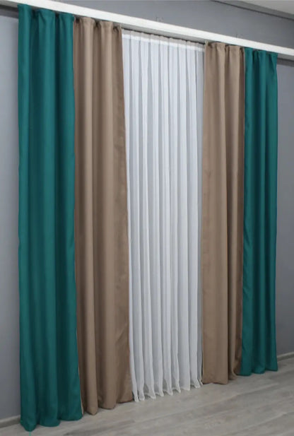 Stylish emerald green (alternatively known as Forest Green) and dark beige (also referred to as Khaki) combined blackout curtains adding depth and sophistication to your home.
