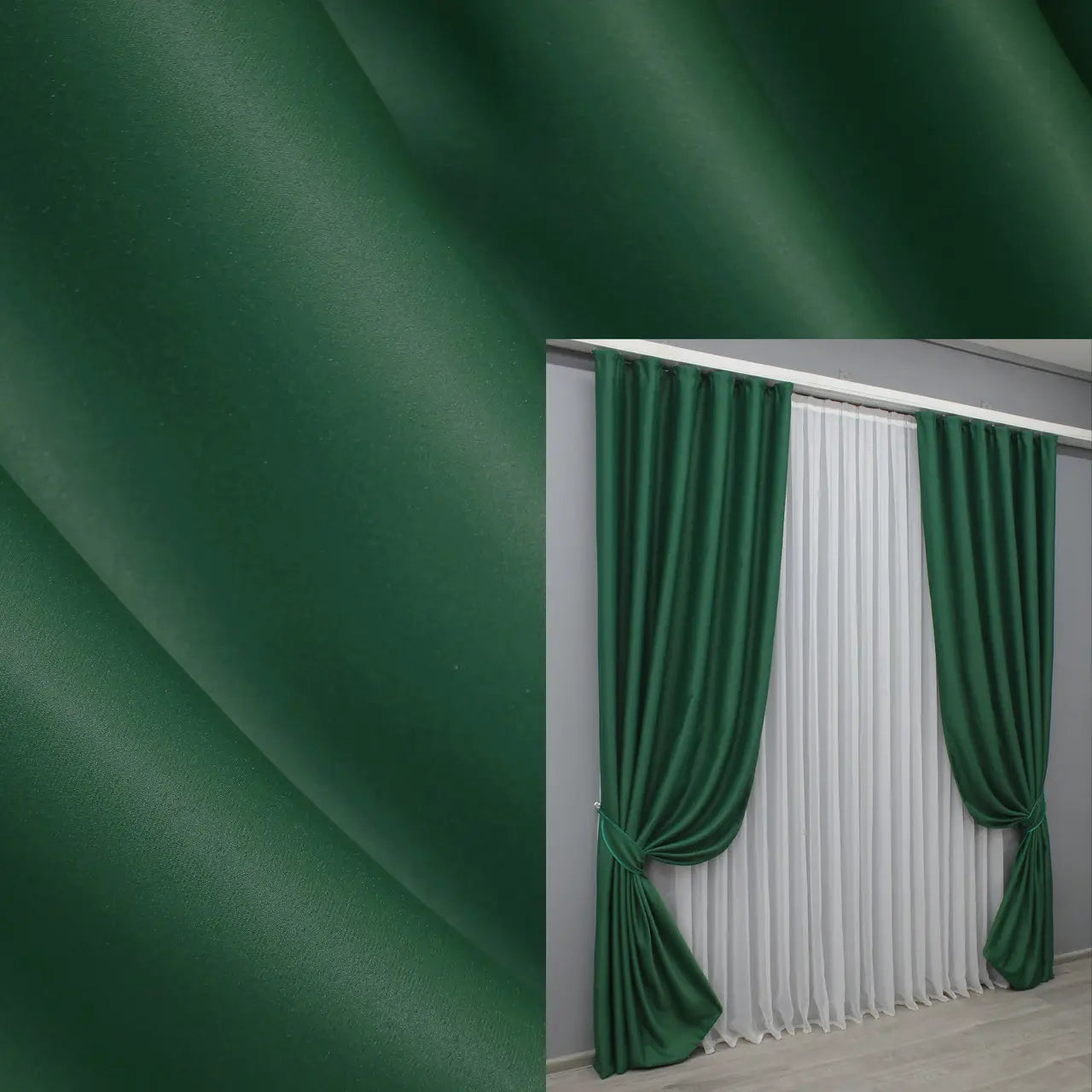 Forest green blackout curtains with a smooth drape and 95% light blocking.
