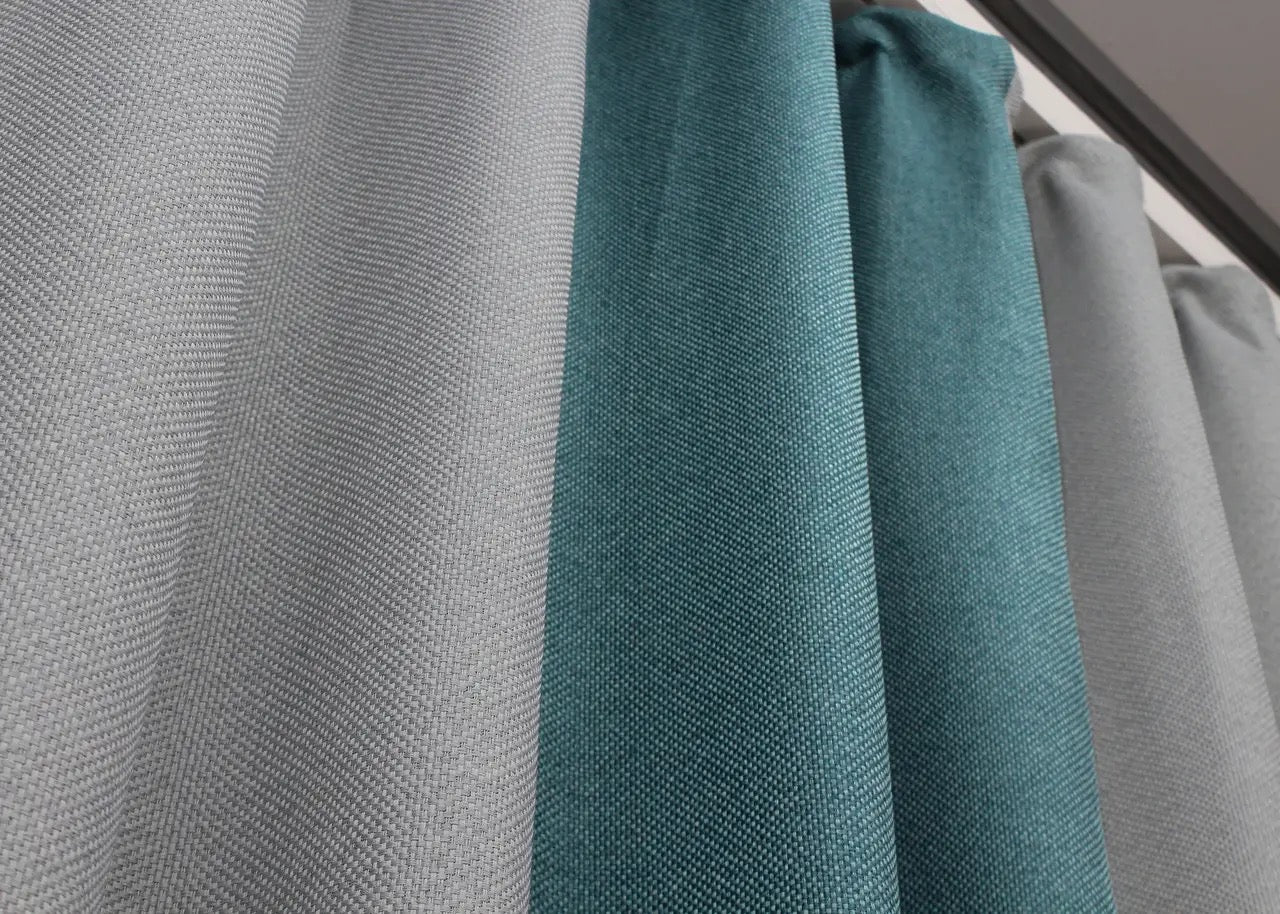 Premium light grey and turquoise combined linen curtains, offering a fresh and natural aesthetic, ideal for contemporary or minimalist interiors.
