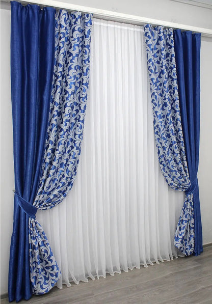 High-quality combined blackout curtains in blue and silver with an elegant pattern, perfect for living rooms and bedrooms.
