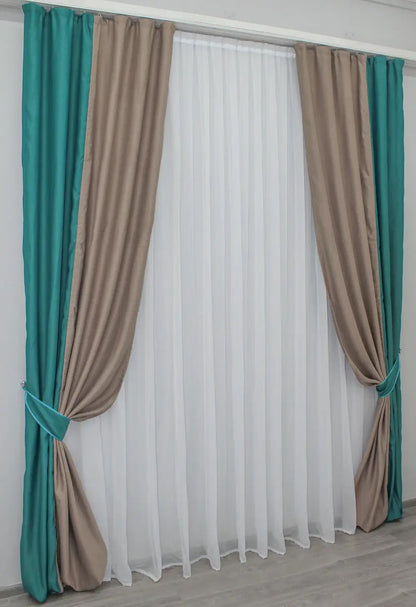 High-quality combined blackout curtains in turquoise and brown with a soft drape and premium texture, adding warmth to any space.
