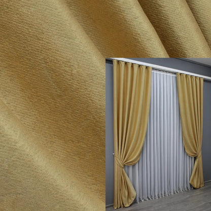 Golden linen curtains with a natural woven texture, ideal for modern, classic, and rustic interiors.
