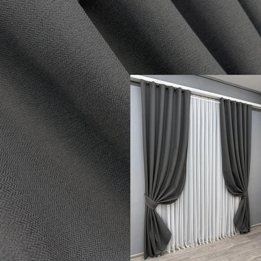 Graphite blackout linen curtains with 100% light blocking, noise reduction, and thermal insulation, ideal for modern homes.
