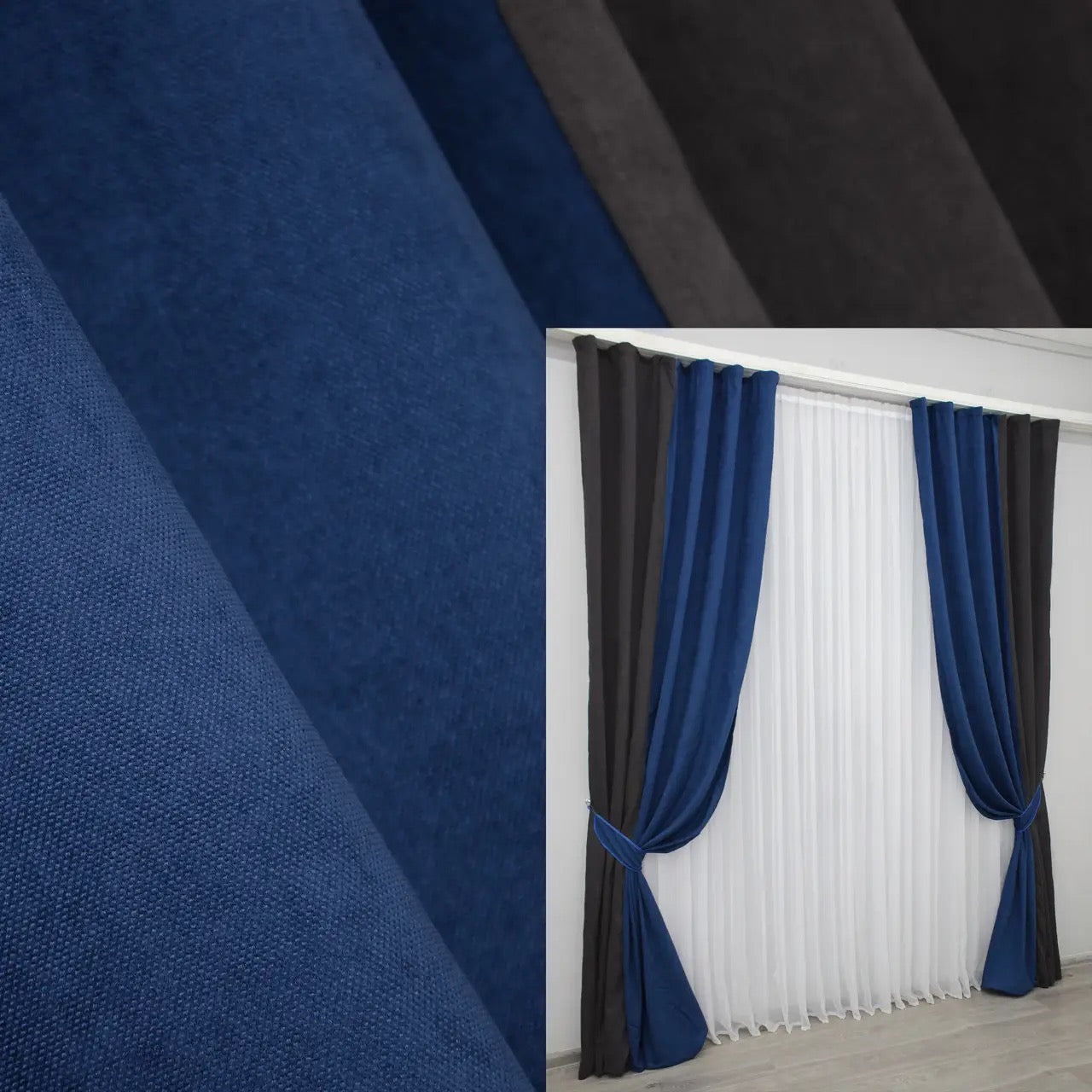 Graphite, blue, and grey combined microvelvet curtains with a luxurious two-tone design, perfect for modern home interiors.
