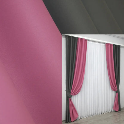 Graphite (dark grey, anthracite) and raspberry (mulberry, fuchsia) combined blackout curtains with a luxurious two-tone design, perfect for modern home interiors.
