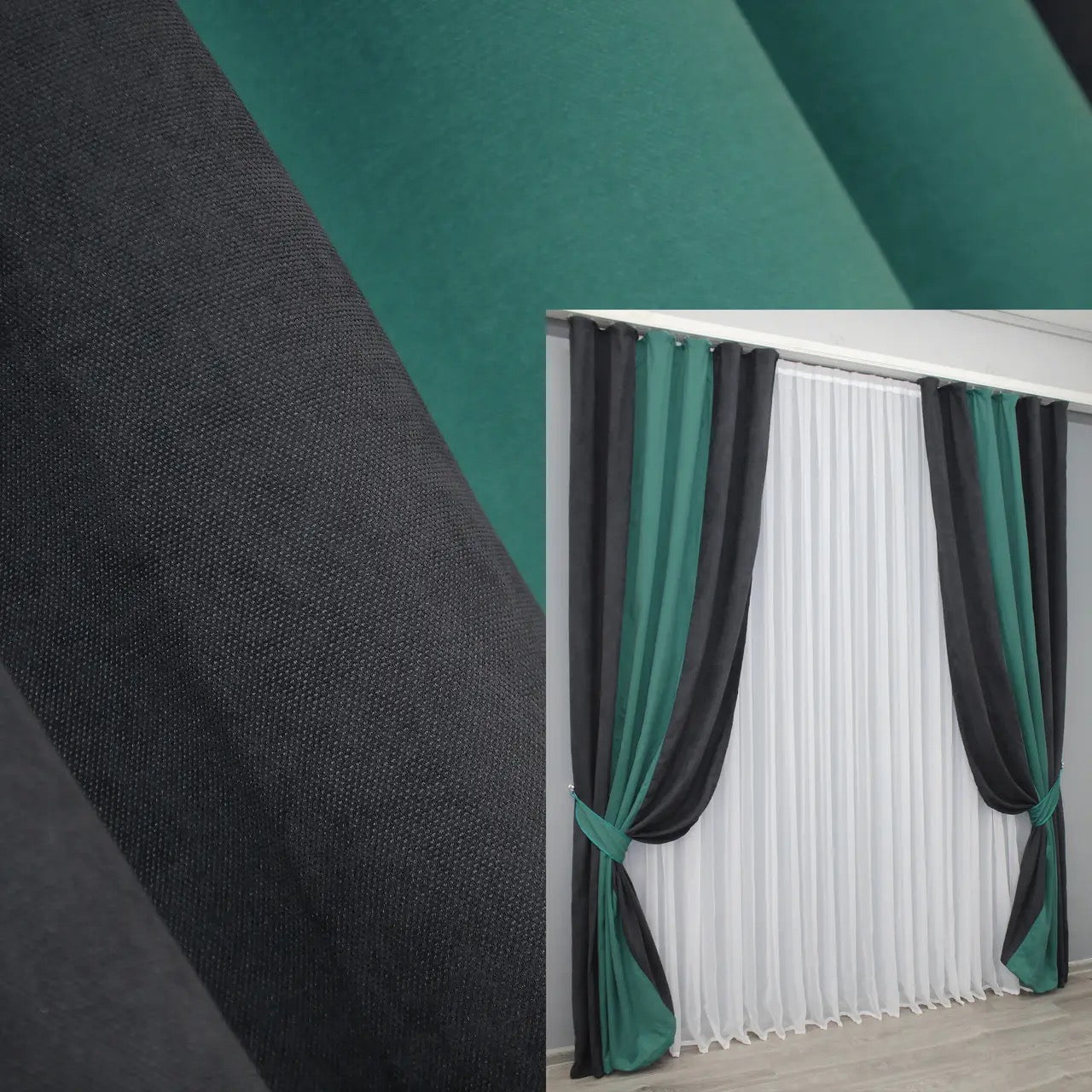 Graphite (dark grey, anthracite) and teal (emerald, turquoise) combined microvelvet curtains with a luxurious two-tone design, perfect for modern home interiors.
