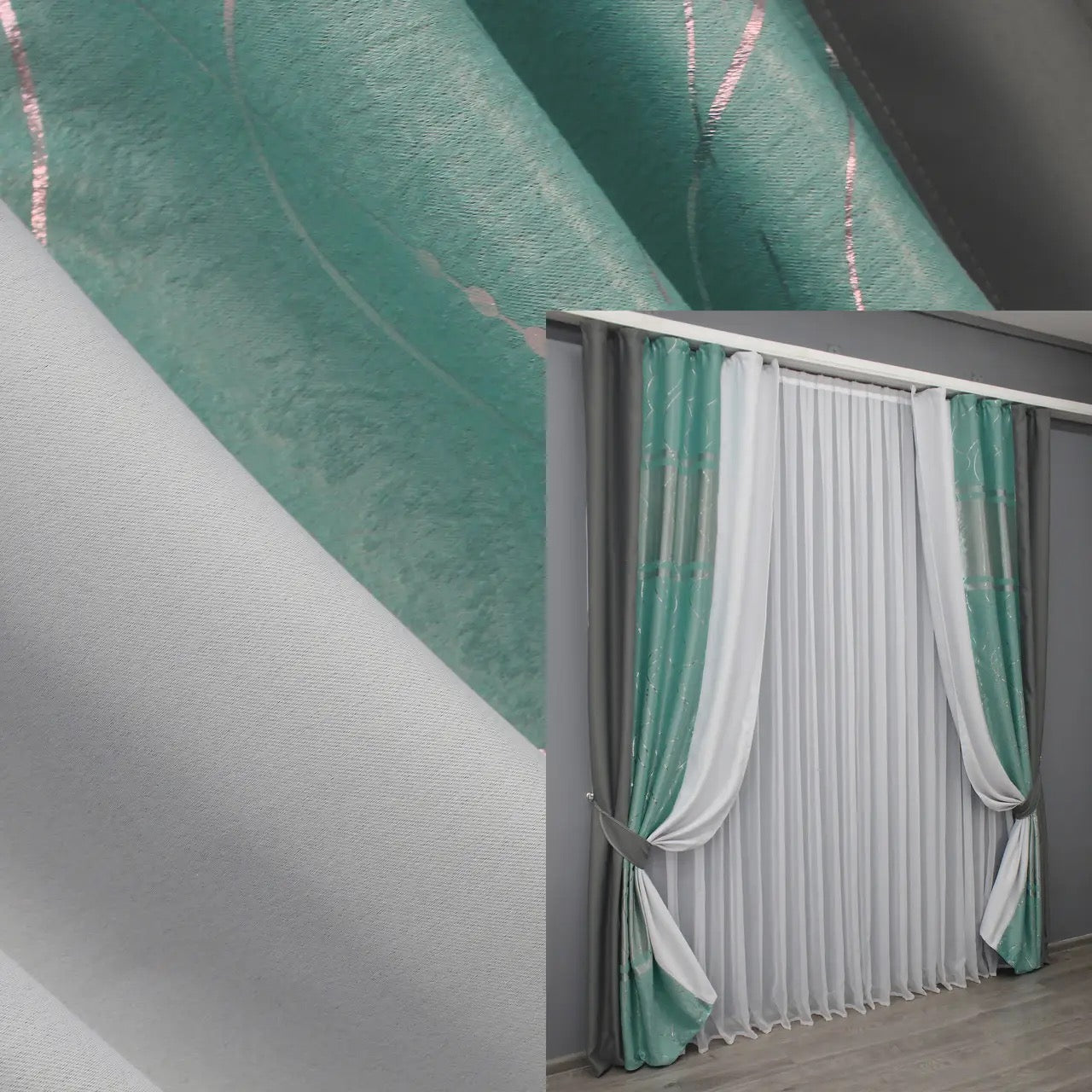 Graphite and turquoise-grey combined blackout curtains with a chic two-tone design, offering elegance and style for modern homes.
