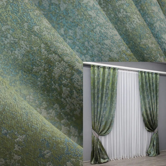 Elegant green and turquoise linen curtains with a subtle marble texture, perfect for modern and nature-inspired interiors.
