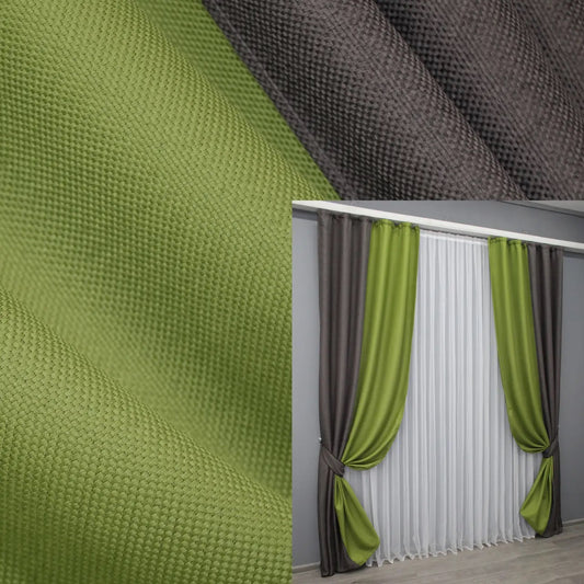 Grey-brown and lime green combined linen blackout curtains from the "Natural Blend" collection, perfect for creating a balanced and cozy atmosphere.
