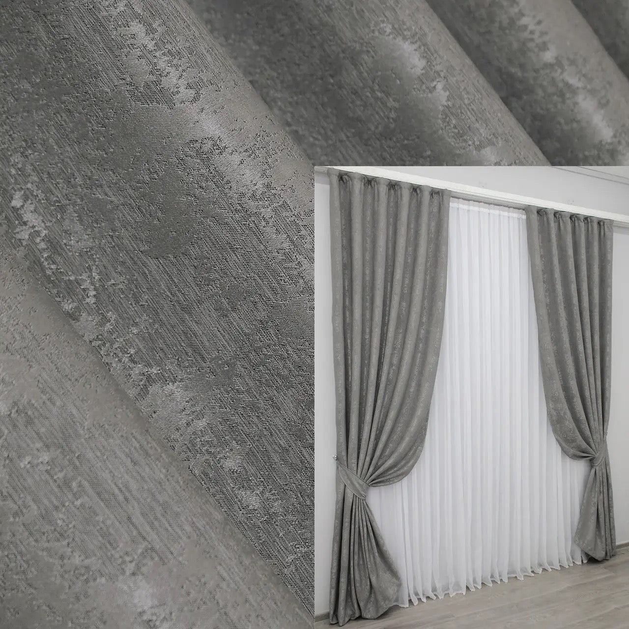 Elegant grey jacquard curtains with a versatile, modern hue, perfect for creating a sophisticated and calming home décor.
