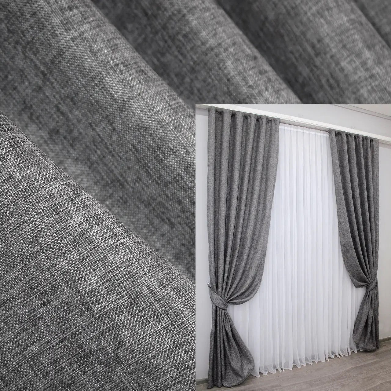 Grey linen curtains with a coarse burlap texture, ideal for rustic, loft, and industrial-style interiors.
