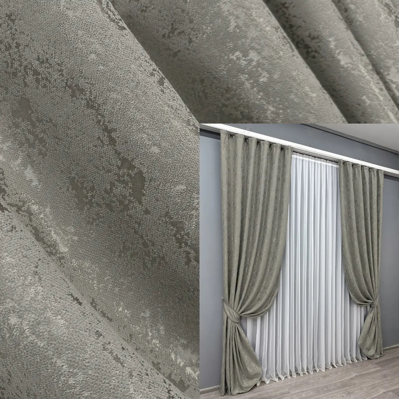 Elegant grey linen curtains with a delicate marble pattern, perfect for modern and classic interiors.
