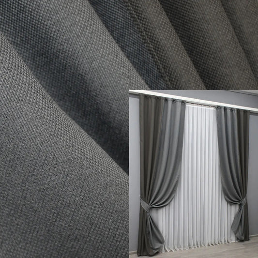 Grey two-tone linen blackout curtains from the "Natural Blend" collection, offering a stylish contrast of light and dark grey tones.
