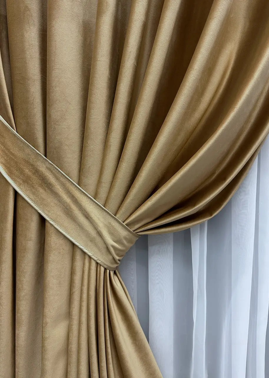 Hazelnut-coloured premium velvet curtains with an elegant design, perfect for modern home styling and improved comfort.