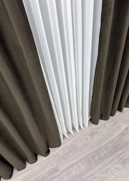 Hazelnut-wenge velvet blackout drapes, made with high-density soft fabric, enhancing privacy, reducing glare, and elevating home aesthetics.
