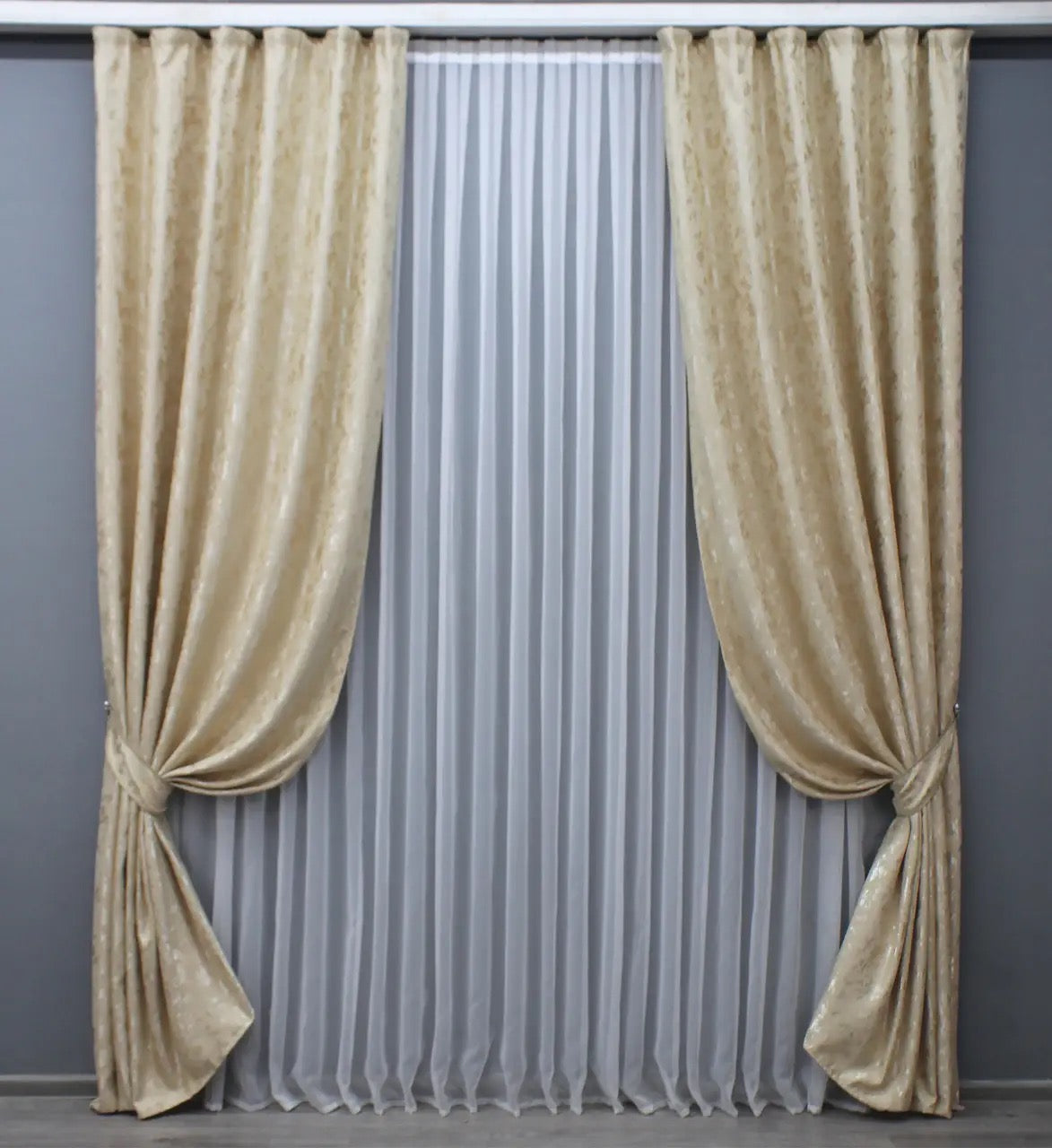 High-quality beige linen curtains with a breathable fabric and a timeless marble design.
