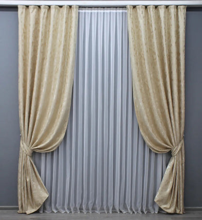 High-quality beige linen curtains with a breathable fabric and a timeless marble design.
