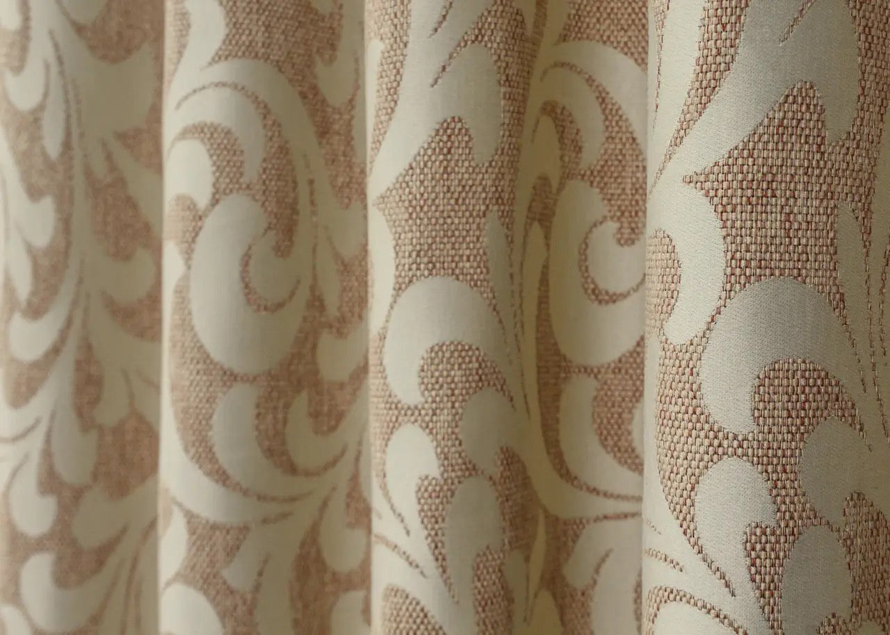 Luxurious beige linen curtains with decorative texture and Venzel-style embroidery for home decor.
