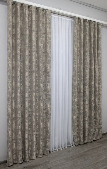 Rich coffee-grey jacquard curtains with a soft woven texture, enhancing both modern and classic home interiors.
