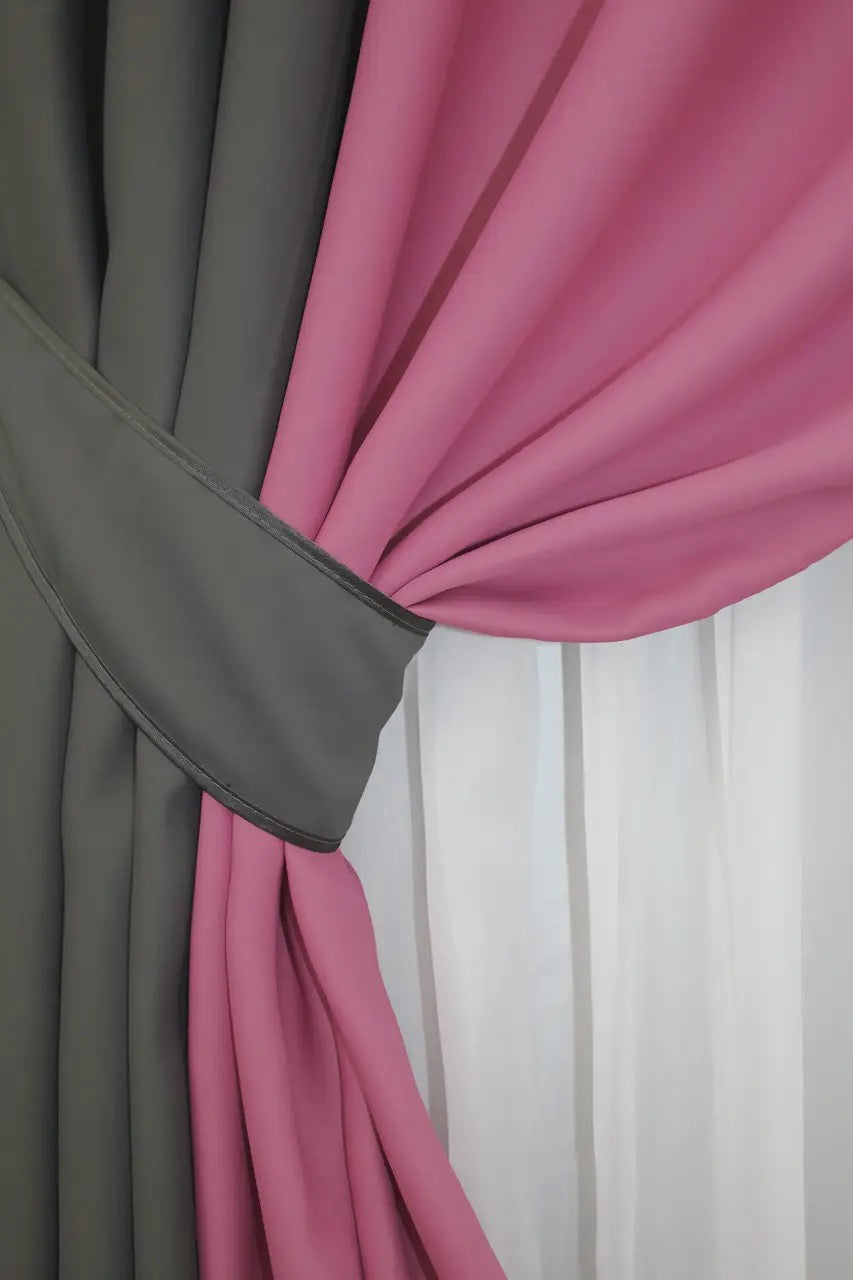 Dark grey (anthracite) and mulberry (berry, raspberry) combined blackout curtains with excellent light blocking and sophisticated design.
