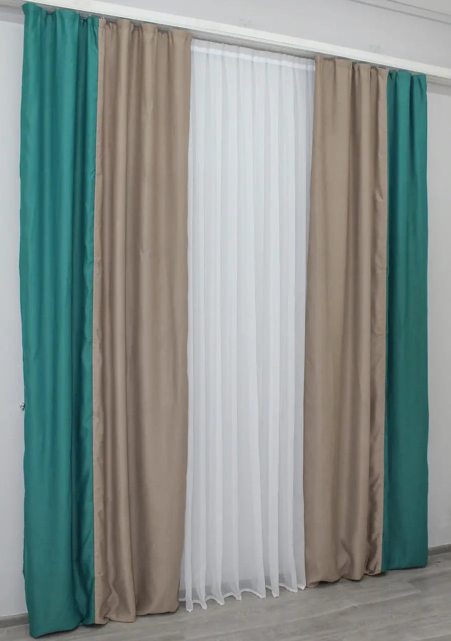 Fusion Combined collection curtains in dual-tone turquoise and cocoa, offering a chic and elegant window treatment.
