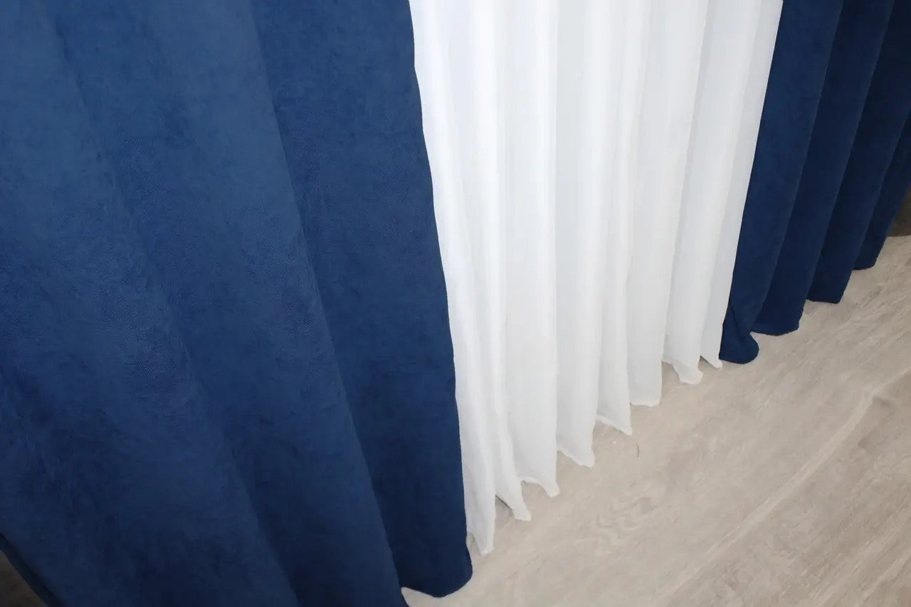 Dark cocoa, brown, and navy blue combined microvelvet curtains with excellent light filtering and sophisticated design.
