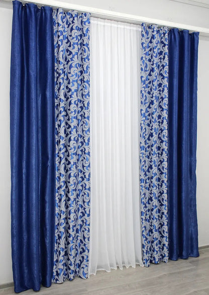 Fusion Combined collection curtains in a striking blue and silver design, offering a sophisticated and elegant look.
