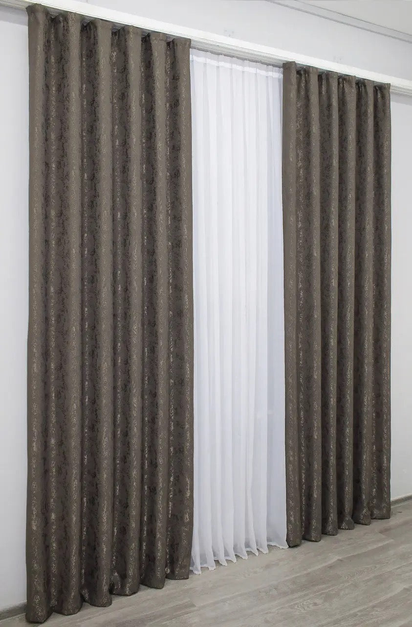 Premium dark cocoa linen drapes with a textured marble design, ideal for classic and contemporary interiors.
