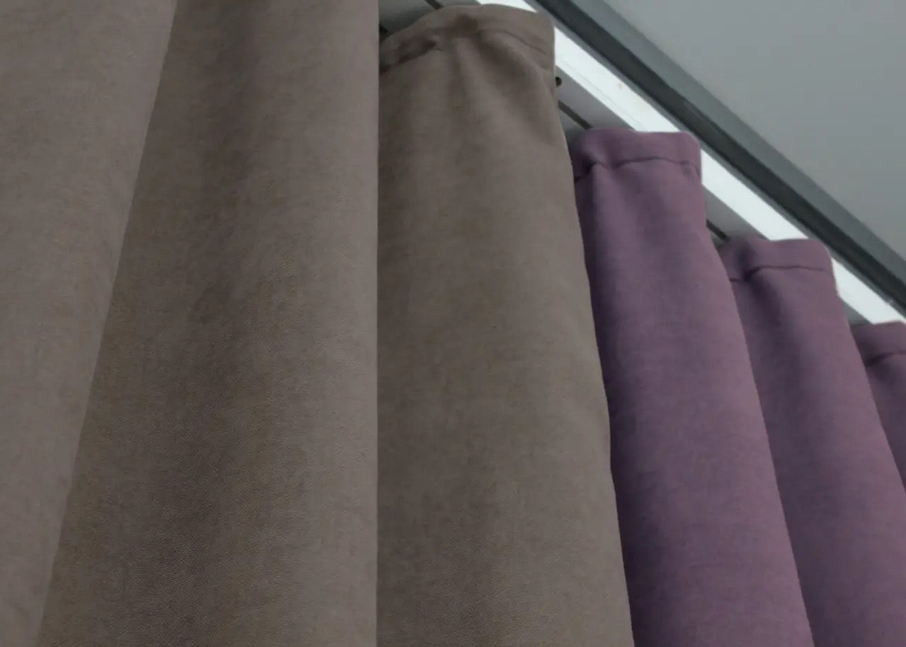 Soft, modern lavender and cocoa microvelvet curtains with a rich, velvety feel, ideal for creating a balanced yet bold décor in your home.
