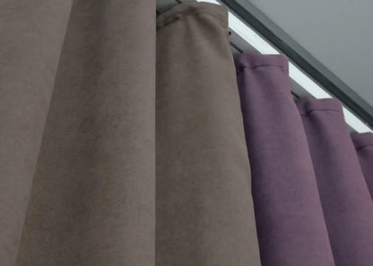 Soft, modern lavender and cocoa microvelvet curtains with a rich, velvety feel, ideal for creating a balanced yet bold décor in your home.
