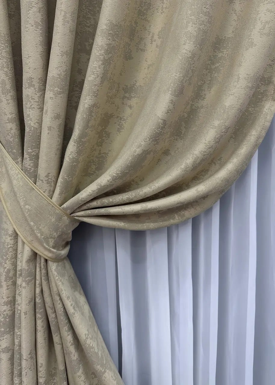 Neutral latte jacquard curtains designed for sophisticated bedroom and living room designs.
