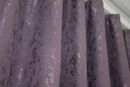 Stylish purple marble-patterned linen drapes, ideal for elegant bedrooms and chic living rooms.
