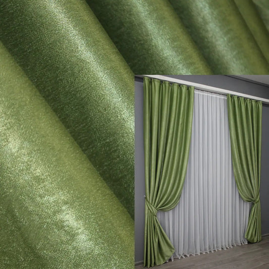 Light olive linen-soft curtains from the "Parma" collection, featuring premium fabric, 85% light blocking, and a soft drape for modern and rustic interiors.
