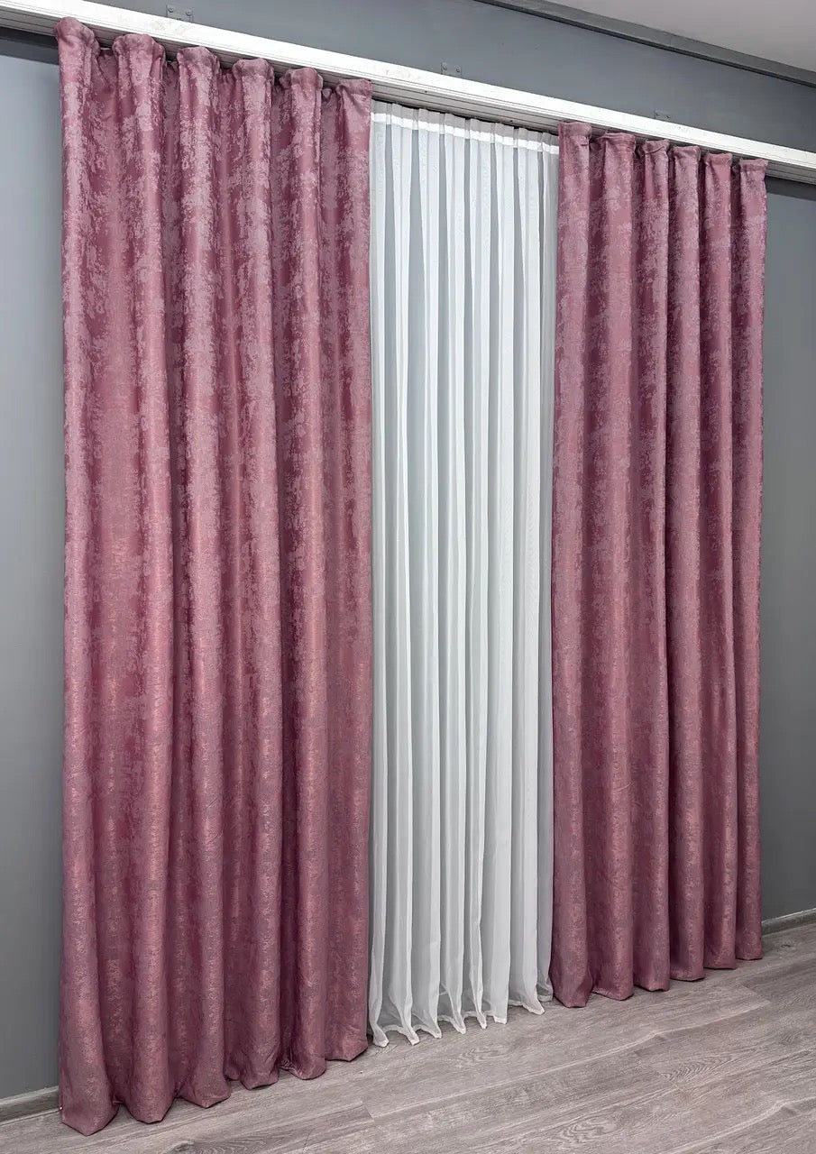 Set of two mauve taupe and raspberry jacquard curtain panels with matching tie-backs for a polished and elegant finish.
