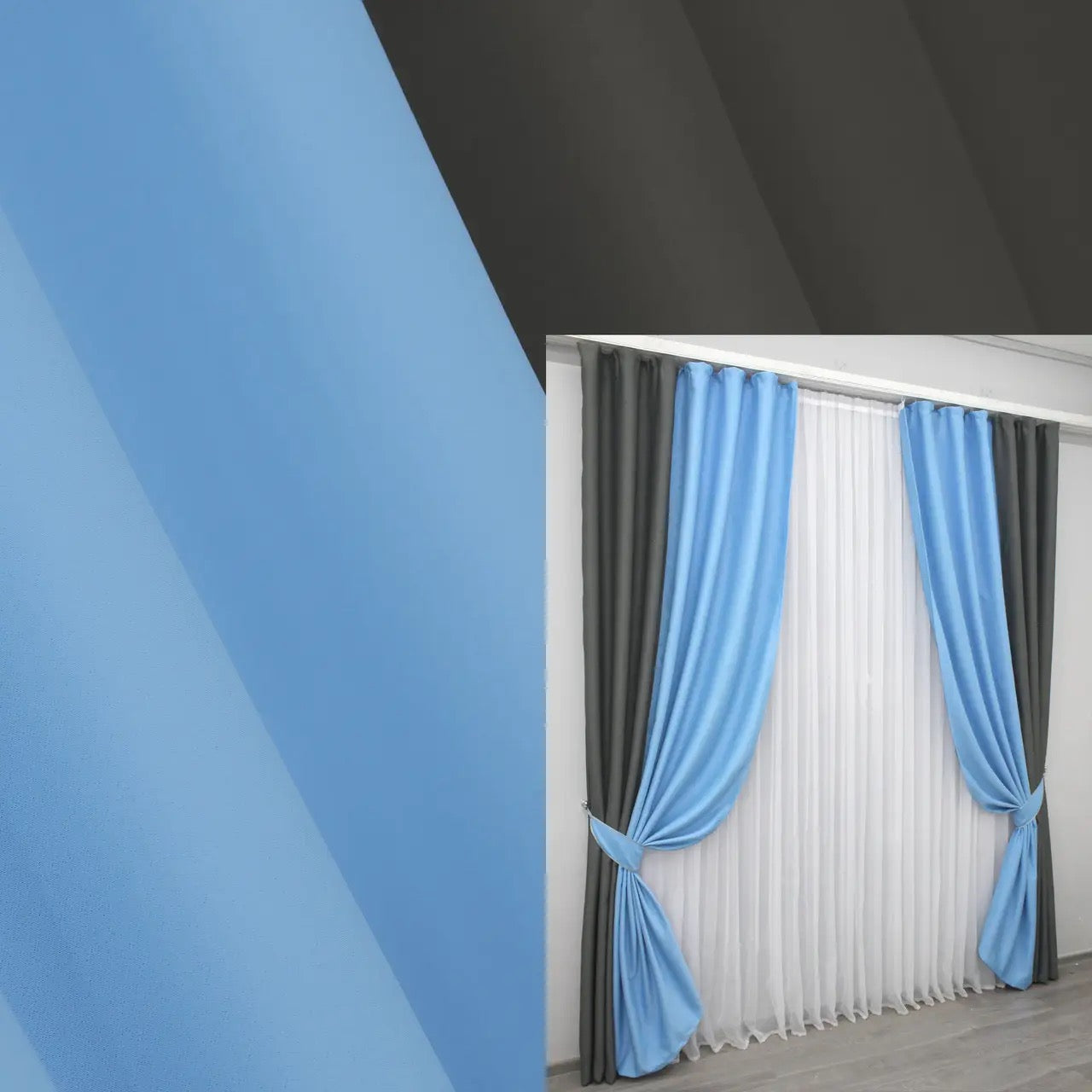 Close-up view of turquoise-grey jacquard curtains with intricate woven texture and modern design.
