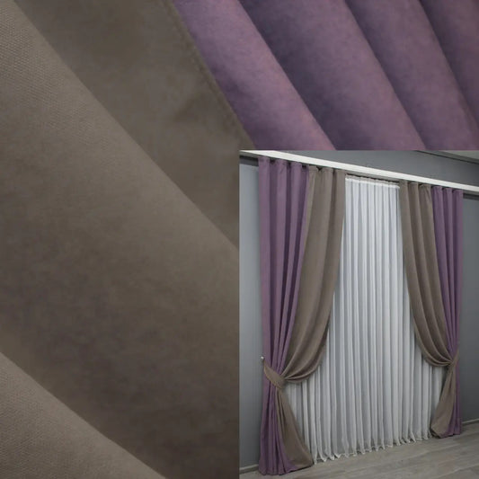 Lavender and cocoa combined microvelvet curtains from the "Sparta" Collection, offering a luxurious two-tone design for a modern yet elegant interior.
