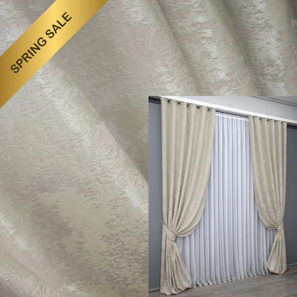 Luxurious light beige jacquard curtains featured in a Spring Sale event.
