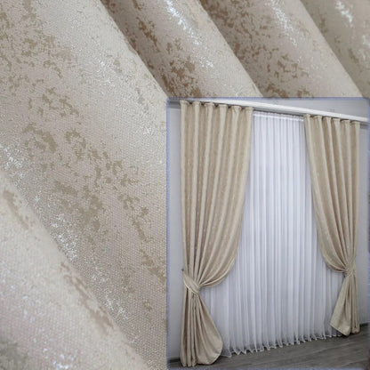 Light beige linen curtains with a subtle marble pattern, adding warmth and brightness to any interior.
