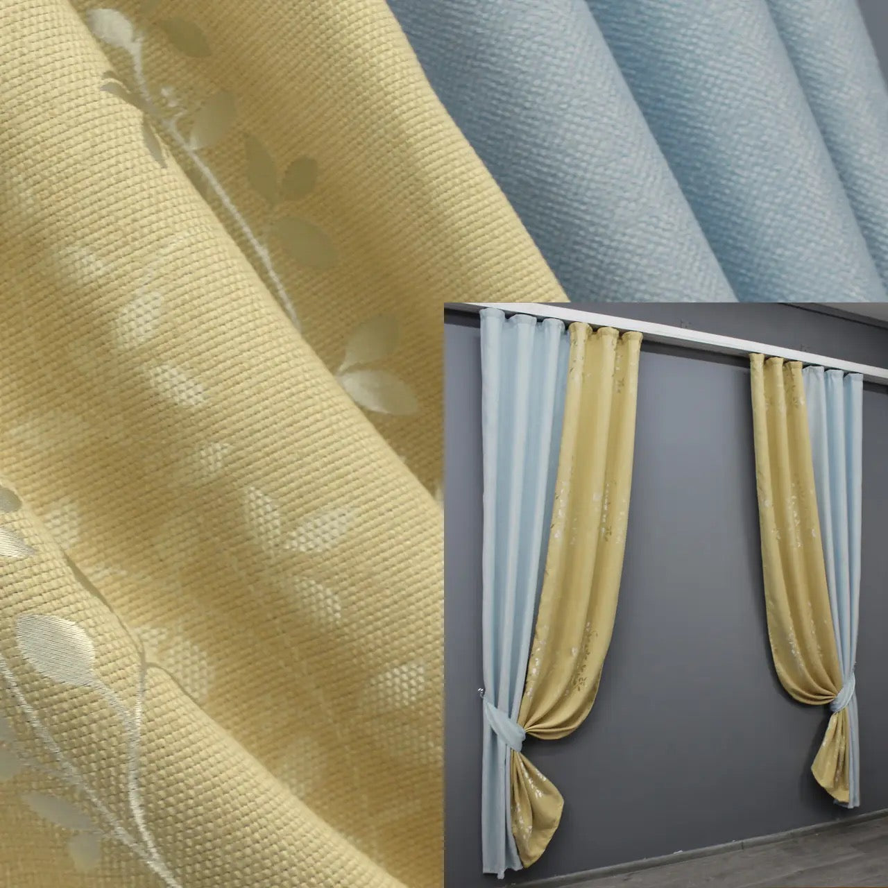 Light blue and beige combined linen curtains from the “Natural Blend” collection, designed to create a soft and serene ambiance in modern and coastal interiors.
