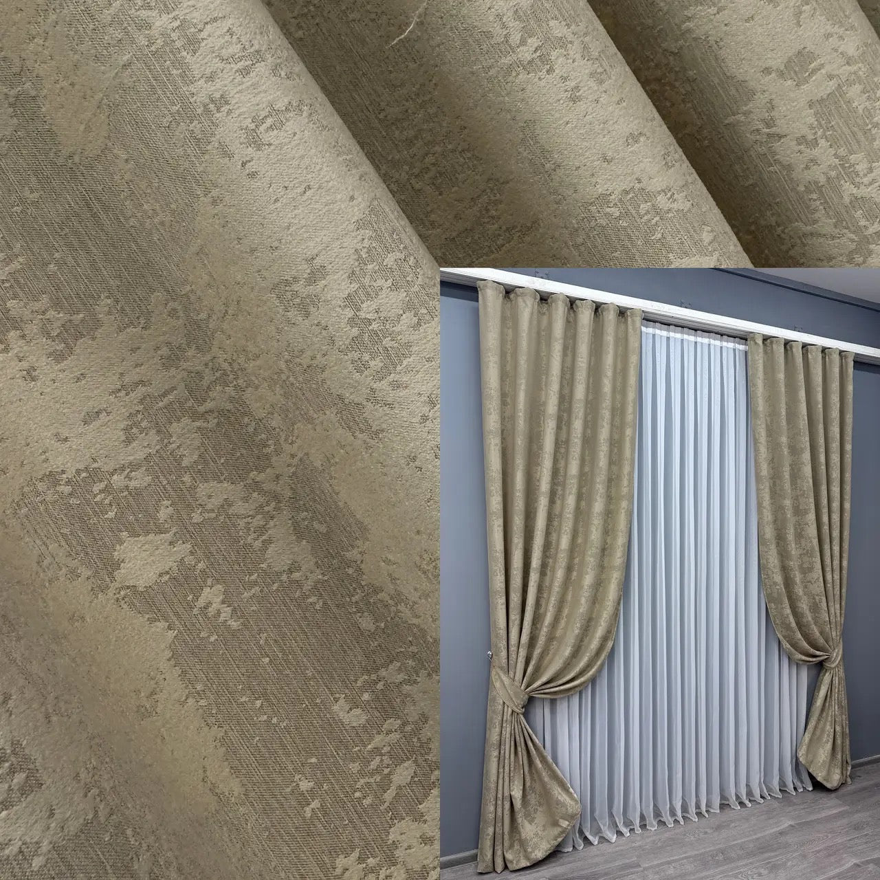 Elegant light cappuccino jacquard curtains with a warm beige-brown undertone, perfect for refined home décor.
