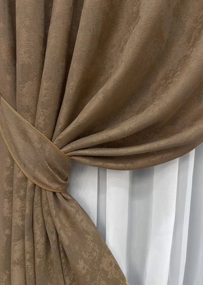 High-quality jacquard curtains in light brown, blocking 70% of light while enhancing the ambiance of any space.