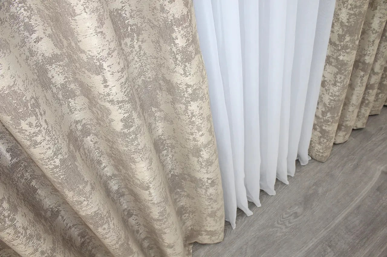 High-quality grey-beige curtains made from premium jacquard fabric, complementing both modern and traditional home interiors.
