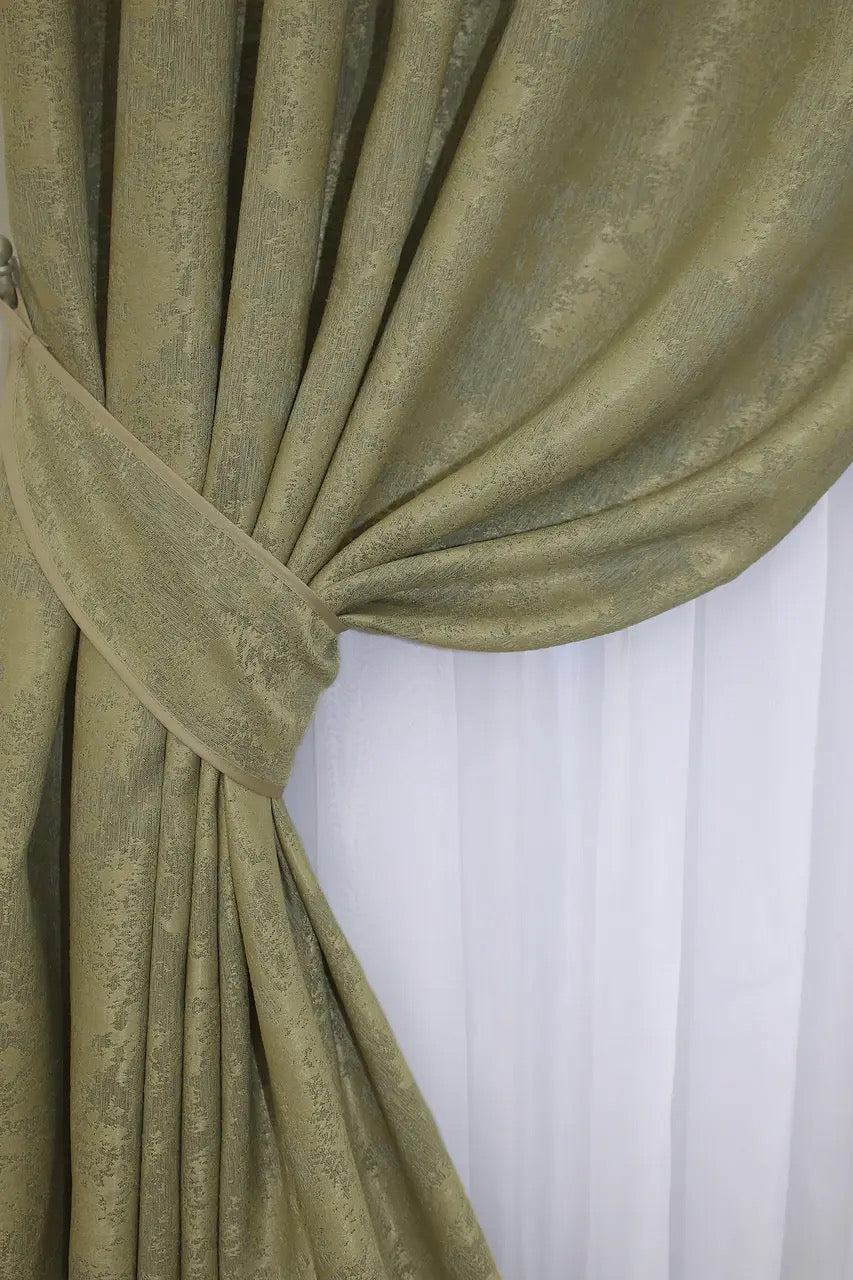 High-quality olive curtains made from premium jacquard fabric, complementing both modern and traditional home interiors.
