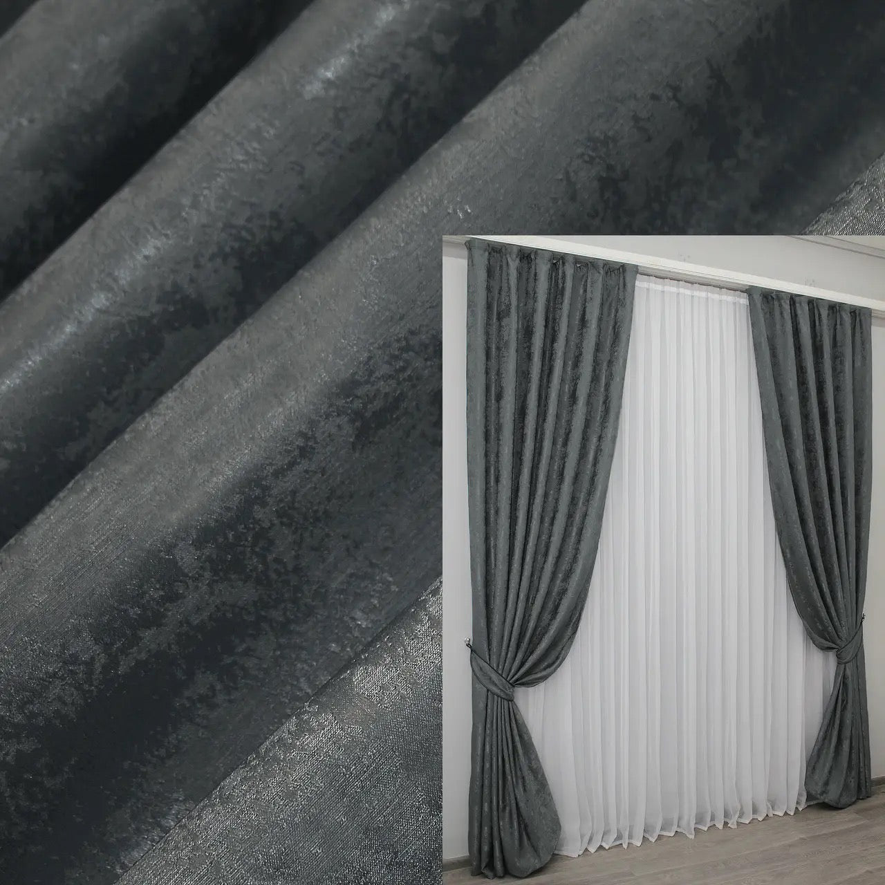 High-quality light graphite grey jacquard curtains with a woven texture, perfect for adding elegance to modern interiors.
