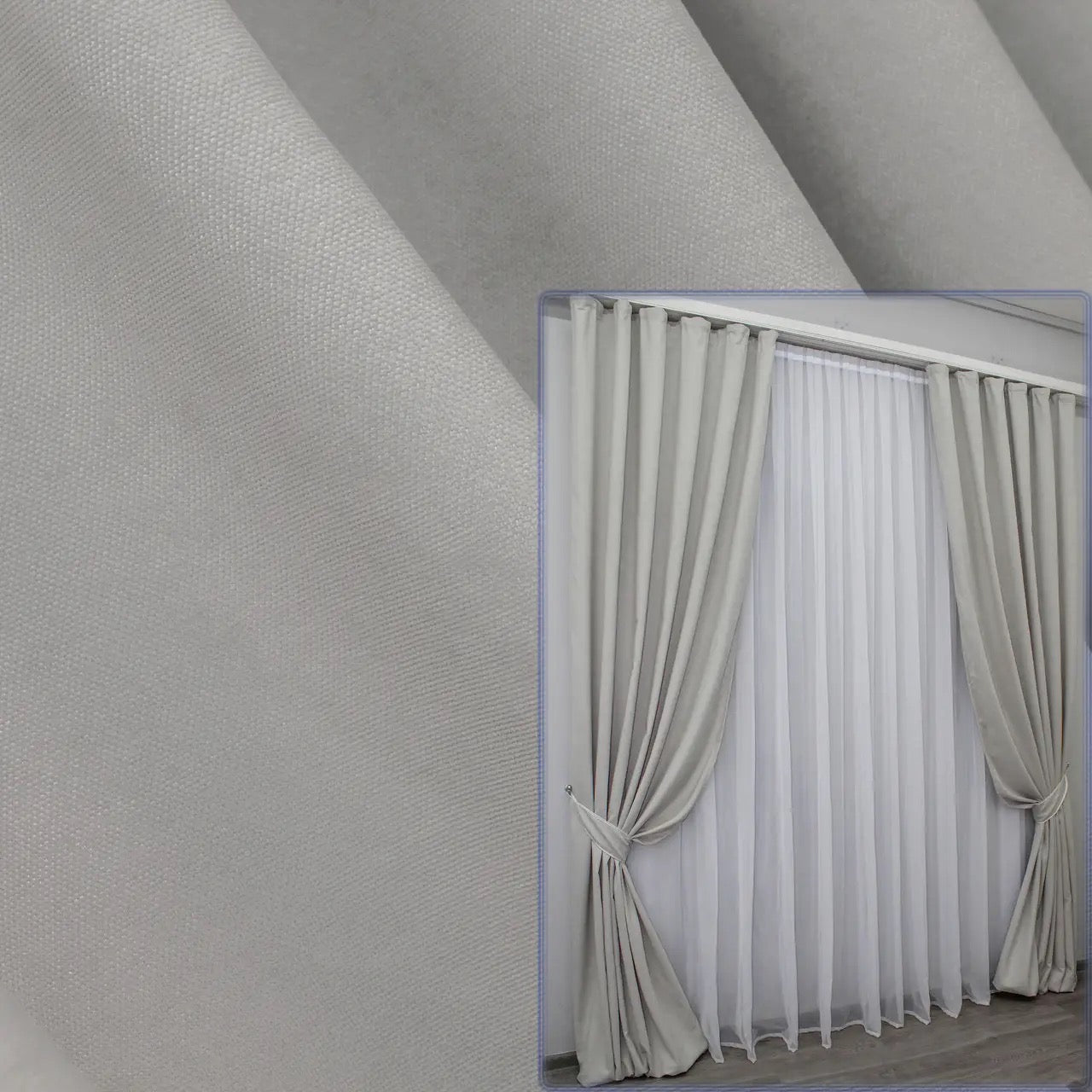 Elegant light grey microvelvet curtains with a soft drape, perfect for modern and classic interiors.
