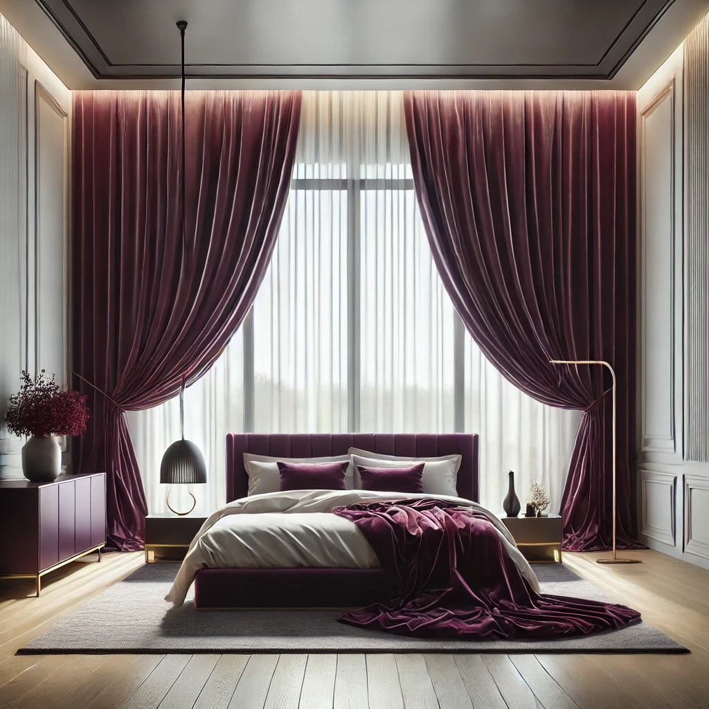 luxurious--modern-bedroom-elegant-floor-length-curtains-plum