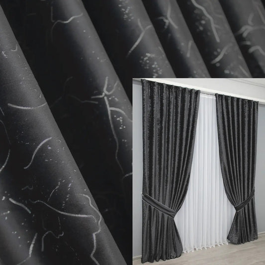 Luxurious black-grey velvet curtains with an elegant marbled pattern, featuring a soft plush texture for blackout and noise reduction in living rooms and bedrooms.
