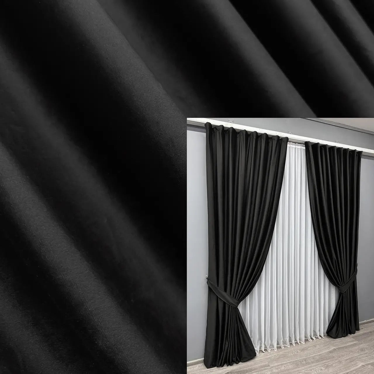 Luxurious black velvet curtains with a soft, rich texture, perfect for creating a sophisticated home décor.
