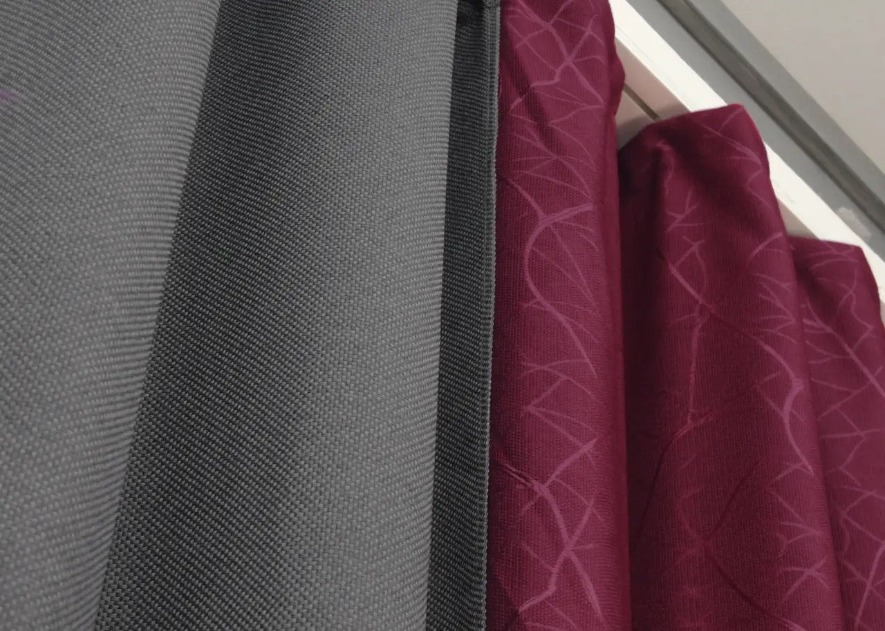 Luxurious burgundy and grey linen combined curtains offering a perfect combination of light control and natural beauty.
